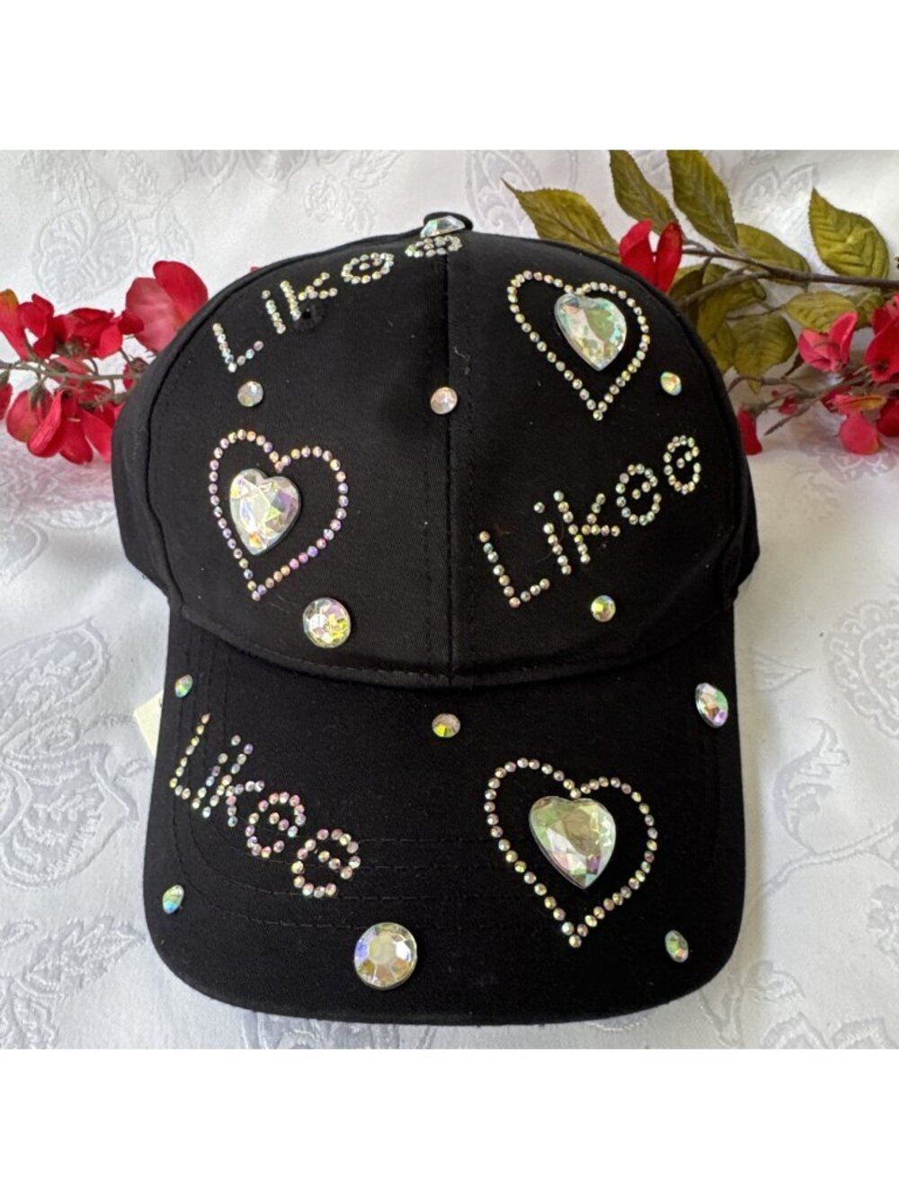 NEW WOMEN'S BLACK SILVER SEXY BLING HAT COTTON SHINY HEARTS STUDS JENNIFER & CO